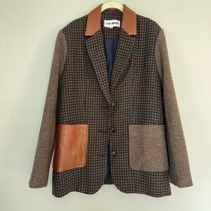 Steve Madden Brown Houndstooth Blazer with Leather Collar
